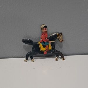Vintage 1940s Cracker‎ Jack Toy Tin Metal Lithograph Jockey On Horse